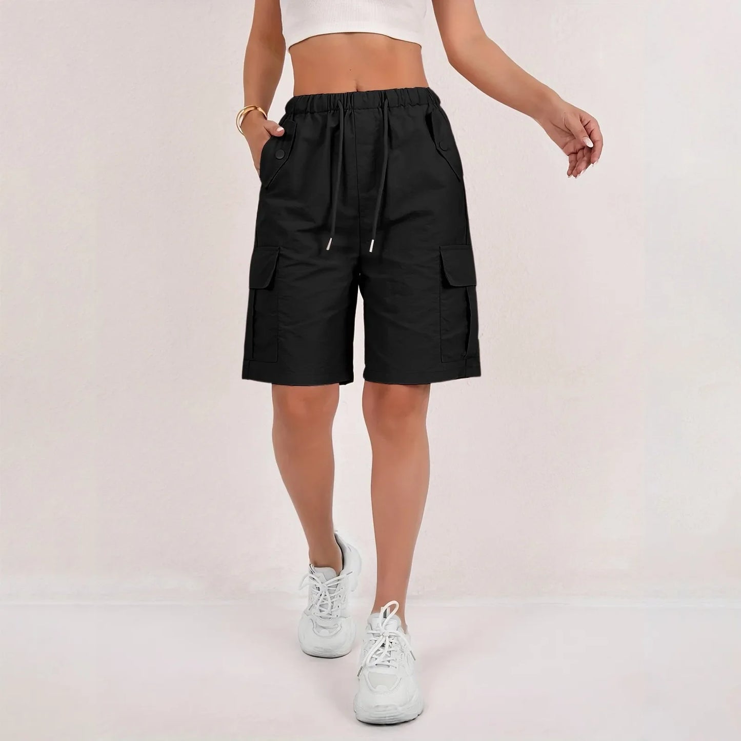 Women’s High-Waisted Cargo Shorts - Loose Straight-Leg Drawstring Sports Shorts with Multiple Pockets
