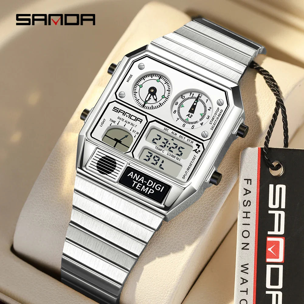 SANDA 3192 Men’s LED Square Watch — Youth Casual Multi-Function Stopwatch Thermometer Chronograph