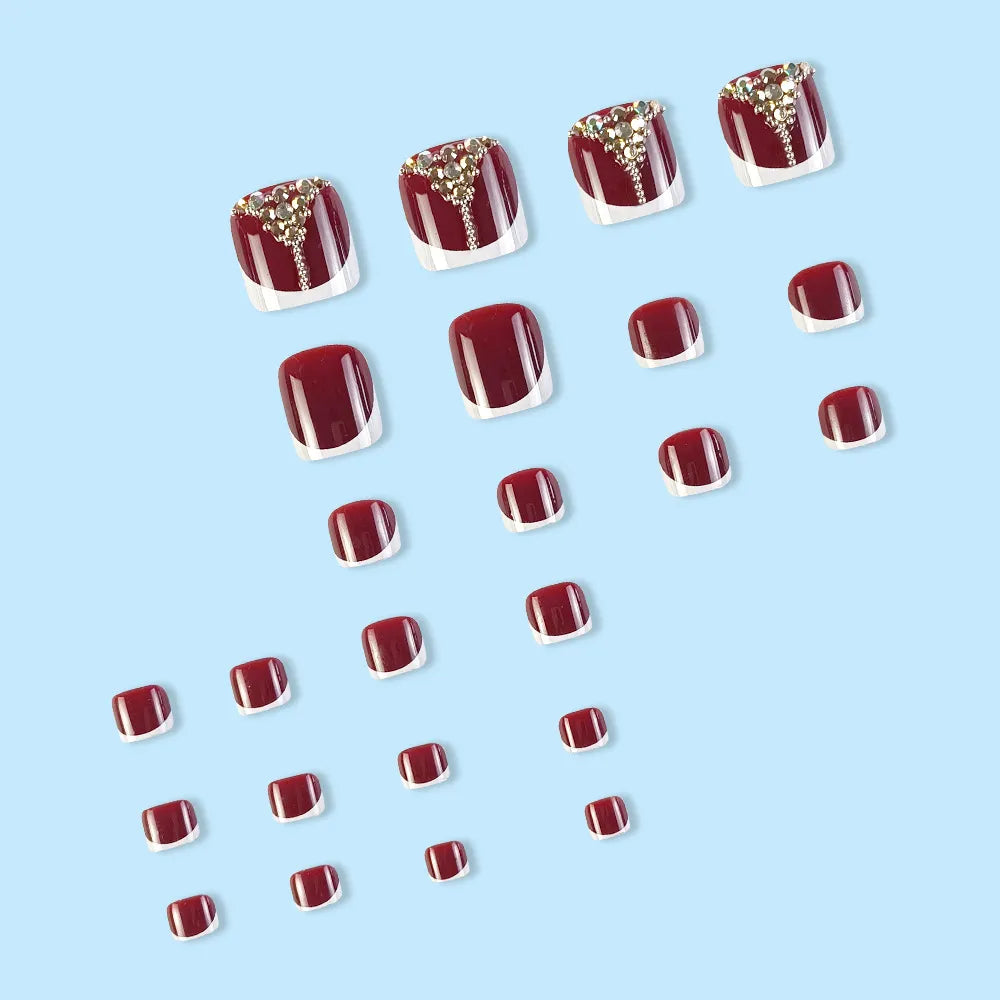 24pcs Retro Red False Toenails: Gold Crystal French Design - Full Cover Square Head Artificial Toe Nails, Wearable & Detachable