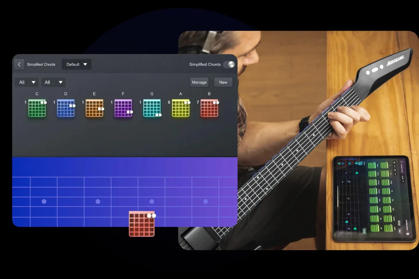 AeroBand Smart & Painless Guitar - Silicone Strings, One-Touch 12-Key Conversion, Bluetooth, 8 Sounds & USB MIDI Function