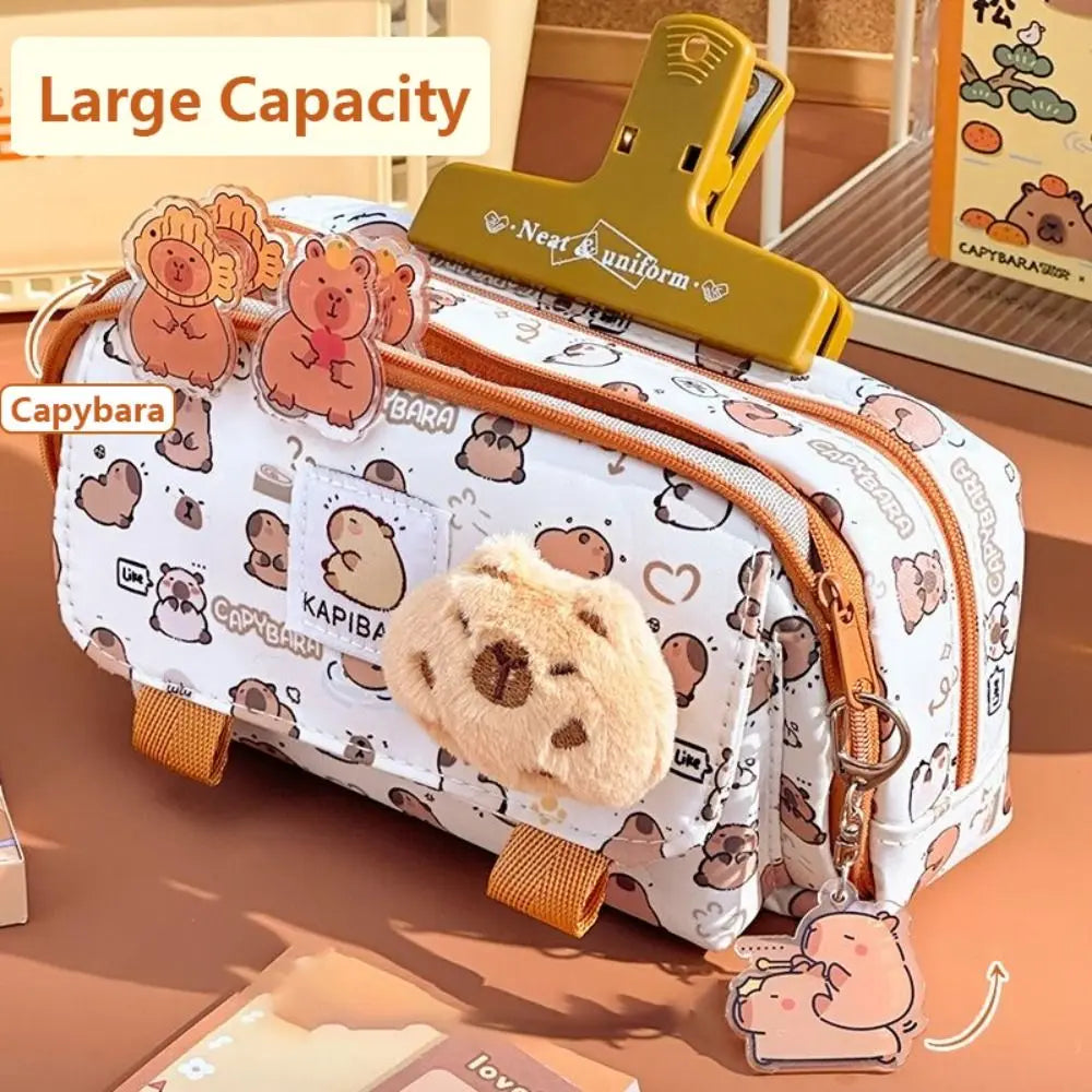 INS Capybara Four-Layer Large Capacity Pen Bag - Cute Cartoon Pencil Case, Stationery Organizer & Storage Bag for Students, Perfect Gift