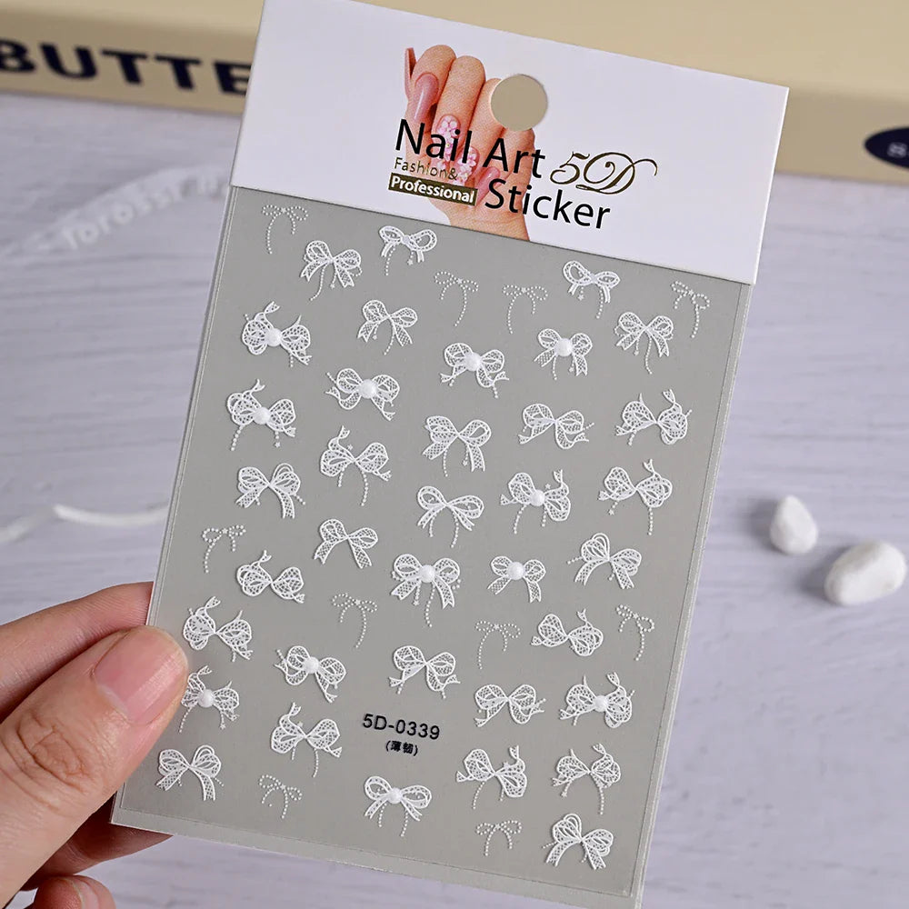 5D White Lace Bowknot Nail Art Stickers – Self-Adhesive Pearl Ribbon Luxury Nail Decals for DIY Manicure Decoration