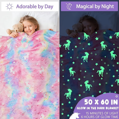 Glow-in-the-Dark Unicorn Blanket for Girls – Soft Pink Fleece Throw, Perfect Christmas & Birthday Gift for Toddlers and Kids