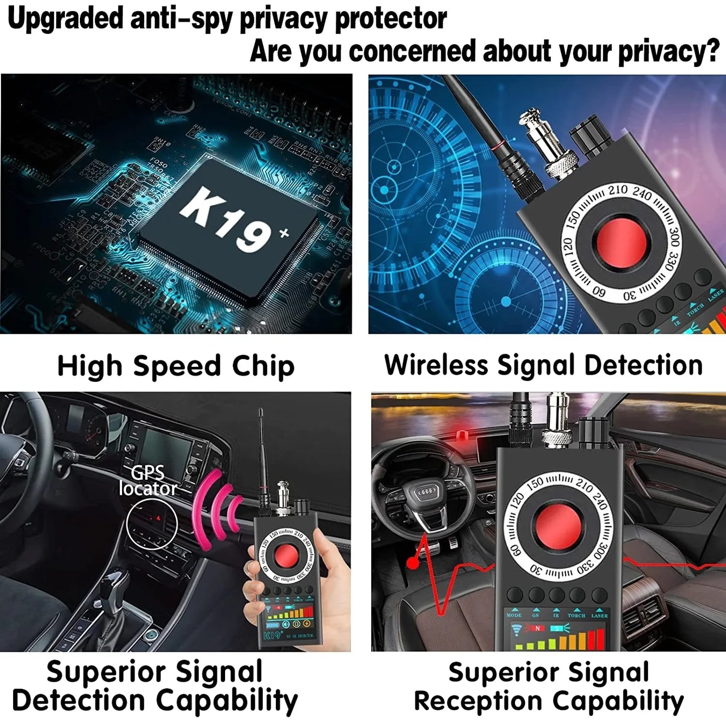 K19+ Hidden Camera & Bug Detector – RF Signal, GSM, GPS Tracker & Audio Surveillance Finder for Anti-Spy Security