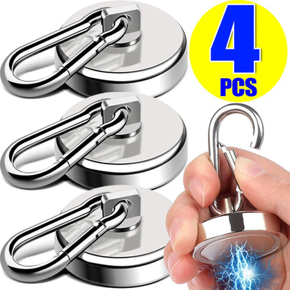4/1pcs Strong Neodymium Magnetic Hooks — 360° Rotating Carabiner Keychain Ring for Home, Kitchen & Bathroom Hanging