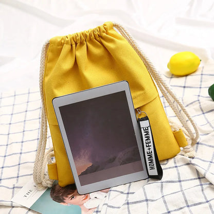 Canvas Drawstring Backpack: Double Shoulder School Bag with Pocket - Portable Casual Travel Backpack for Women & Men