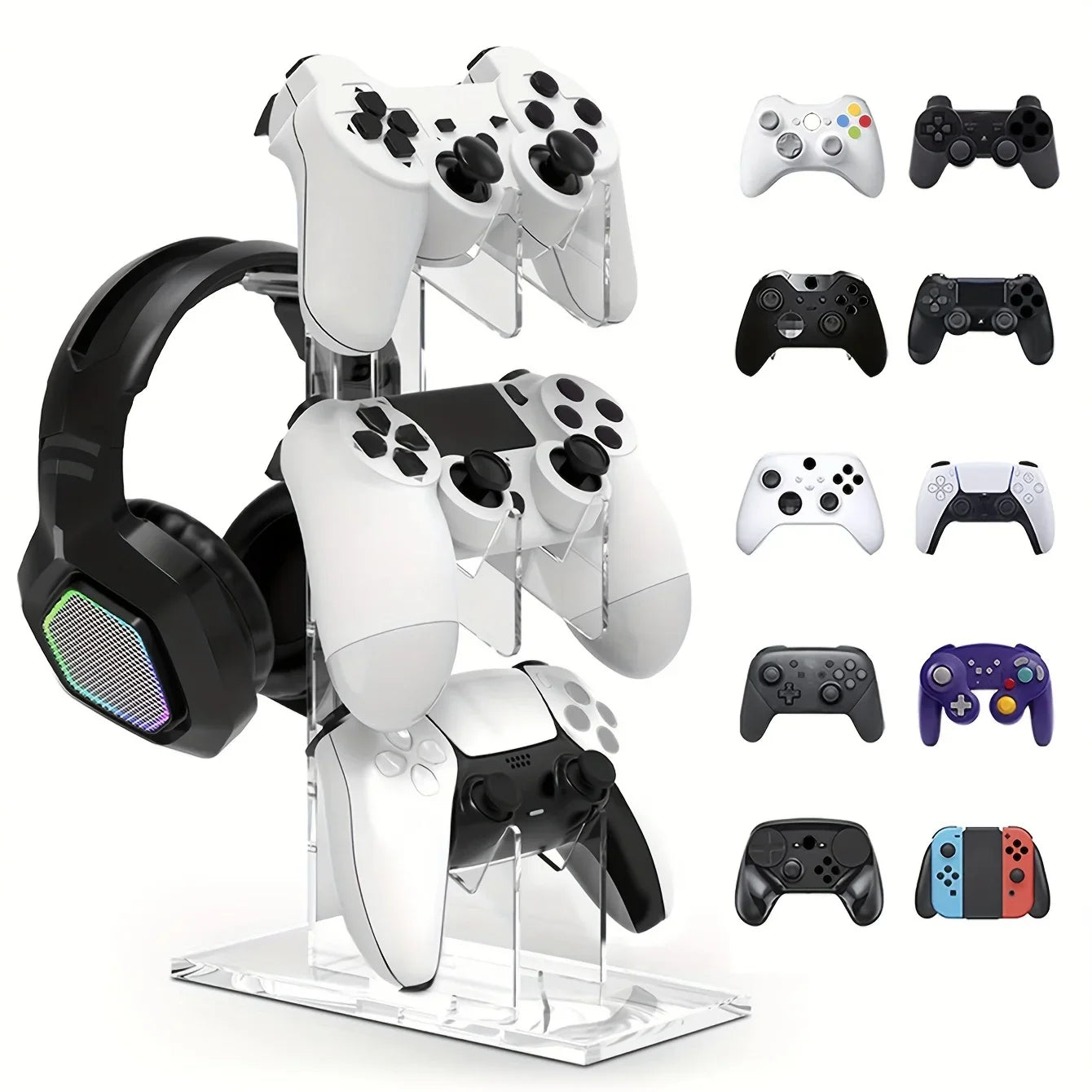 Universal 3-Tier Controller & Headphone Stand – PS5/PS4 Storage Holder in Black, White & Clear