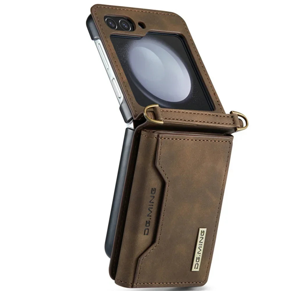 DG.Ming Retro Leather Wallet Case for Samsung Galaxy Z Flip 5/4/3: Magnetic Closure with Trifold Wallet Holder - Stylish Protection for Your Device
