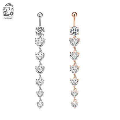 14G Surgical Steel Belly Button Ring – 7 Heart Crystal Long Dangle Navel Piercing Jewelry for Women