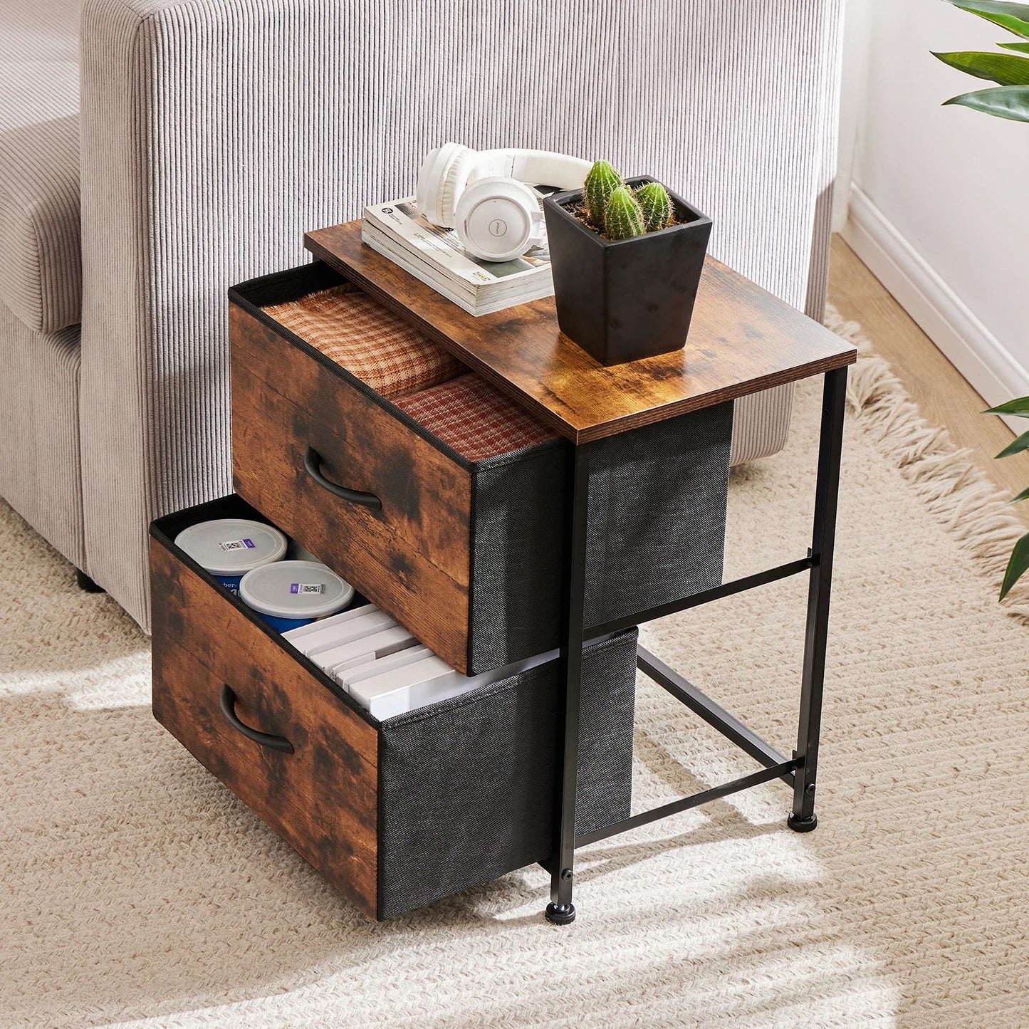 Nightstand Bedside Table – Coffee, Sofa & Tea Table with 2 Fabric Drawers for Bedroom Storage & Clothes Display