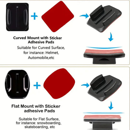 Helmet Adhesive Mount Kit for GoPro, Insta360, DJI – Flat & Curved Mounts with Adjustable Pivot Arm