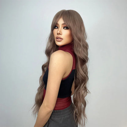 Super Long Curly Wavy Brown Synthetic Wig with Bangs – Heat-Resistant Afro Style for Cosplay, Party, Halloween, White Women