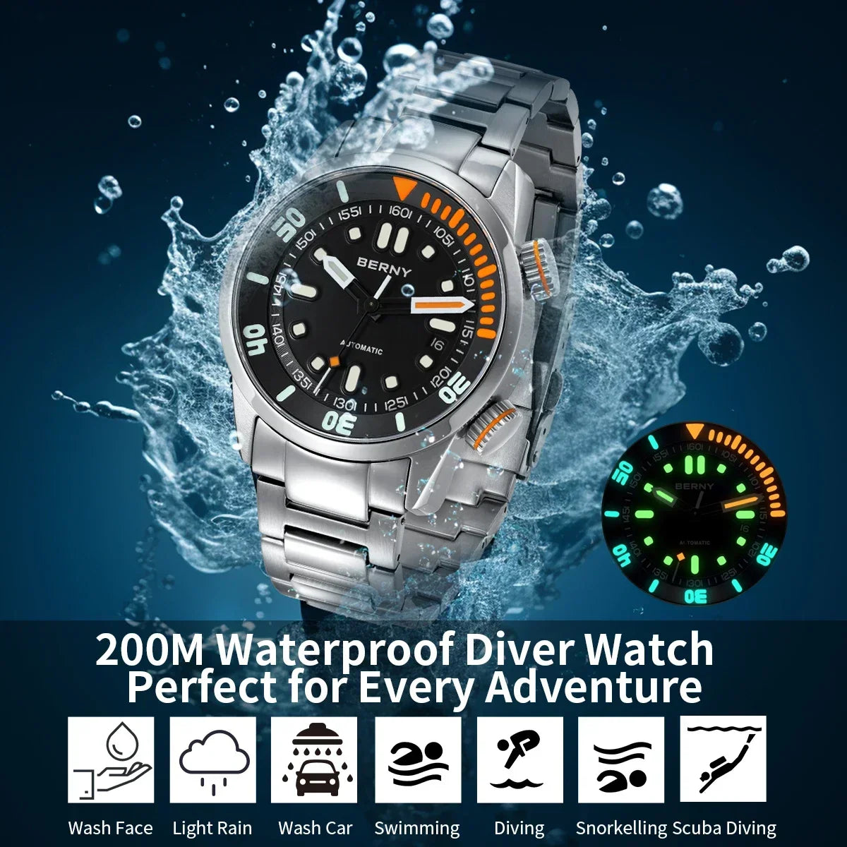 BERNY Automatic Men's Dive Watch – Super Luminous 20ATM Sapphire Wristwatch