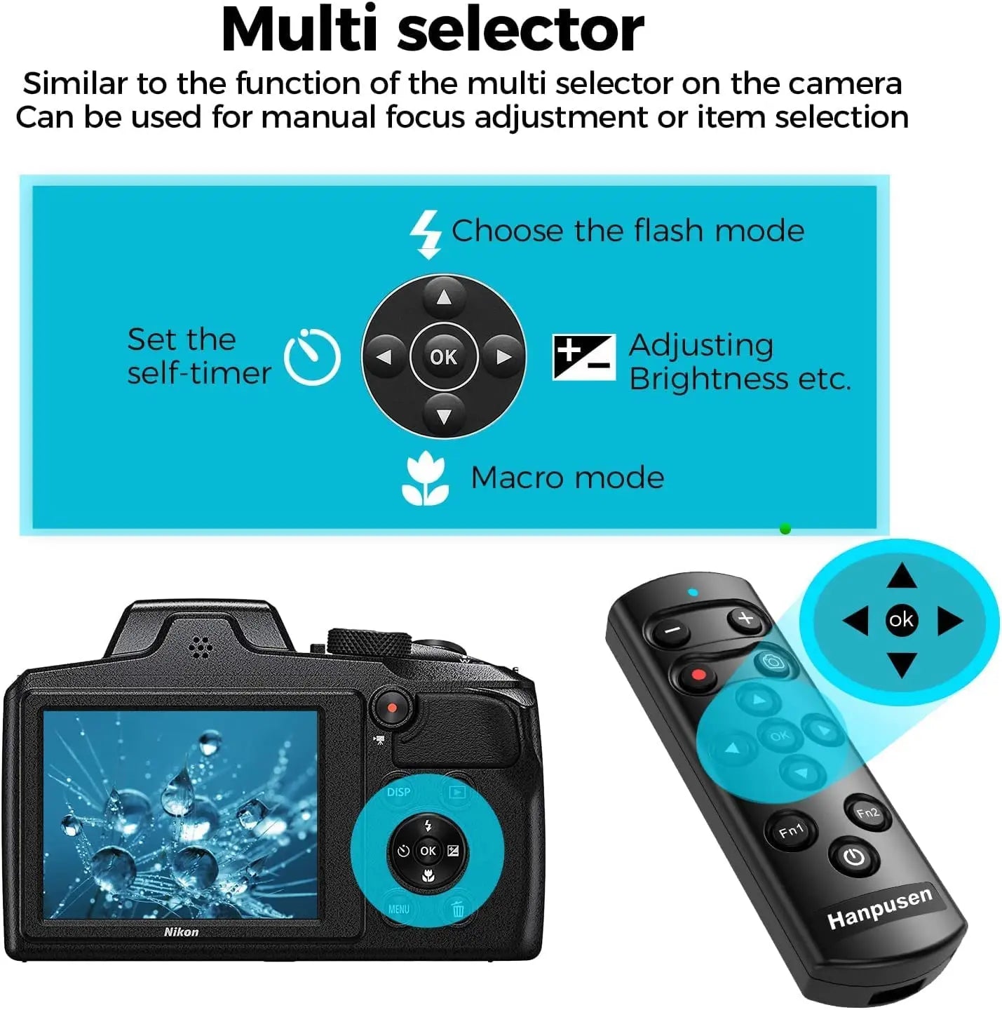 HANPUSEN Bluetooth Wireless Camera Remote for Nikon – Compatible with Zfc, Z30, Z5, Z7II, Z6II, Z50, COOLPIX P1000/P950, A1000, B600, Replacement for ML-L7