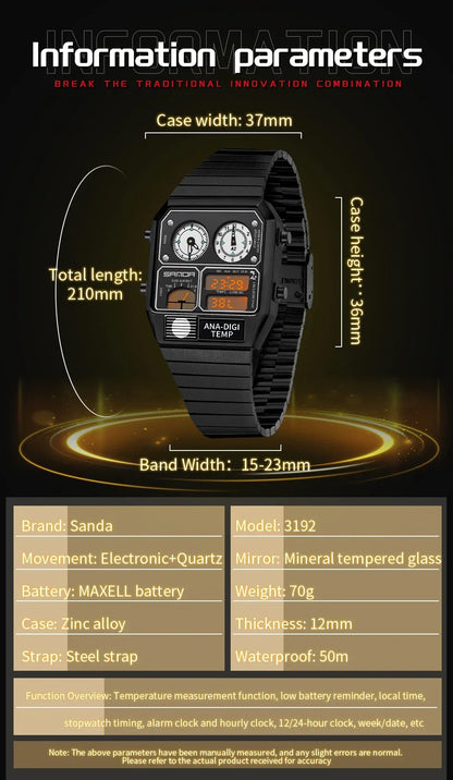 SANDA 3192 Men's LED Square Watch with Thermometer, Stopwatch & Chronograph – Multi-function Casual Timepiece for Youth   2/2