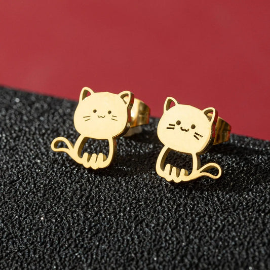 Jisensp Cartoon Cat Earrings — Cute Stainless Steel Kitten Studs for Women & Girls, Funny Animal Jewelry