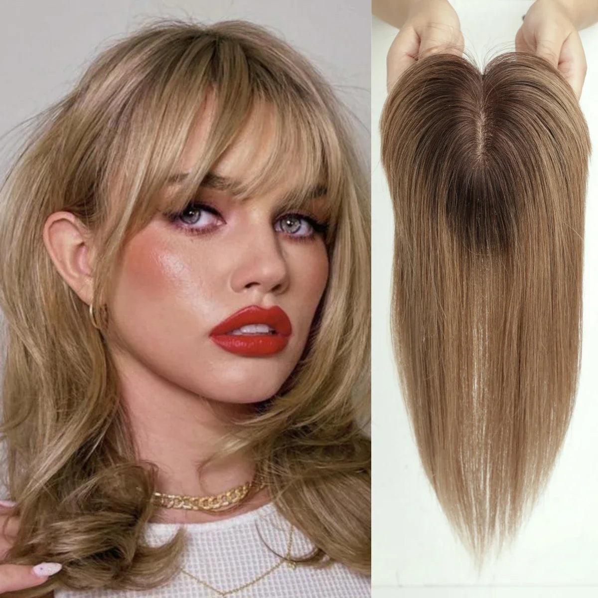 Straight Ombre Brown Remy Human Hair Topper – 100% Silk Base Clip-in Wig with Bangs, Hair Extension for Women