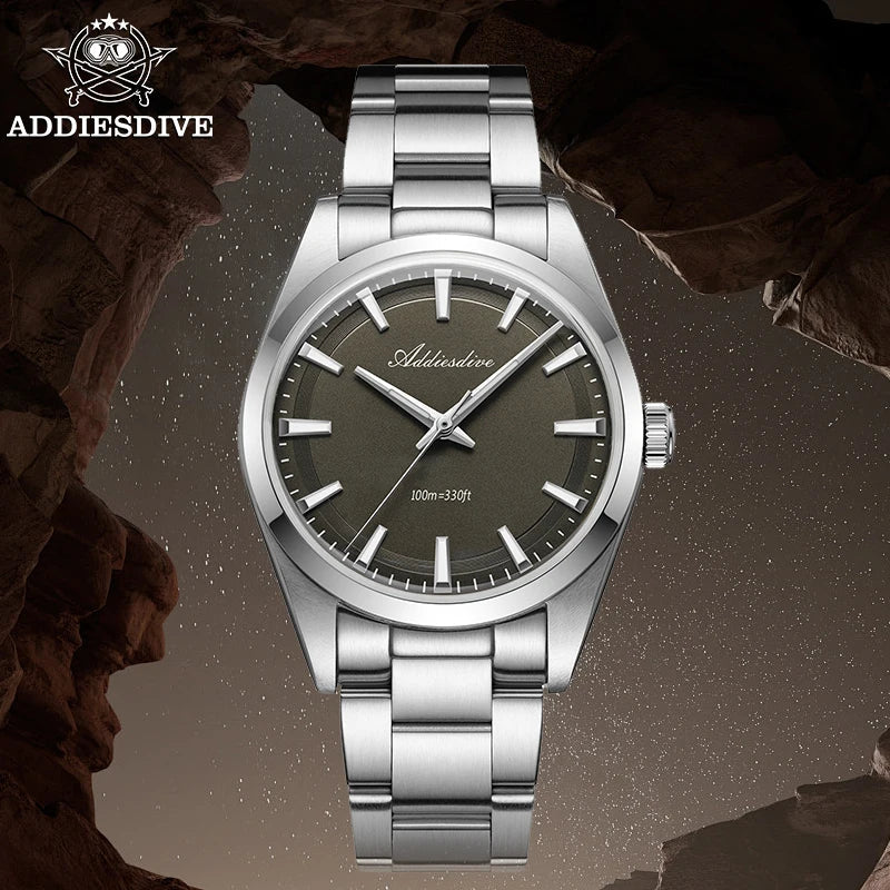 ADDIESDIVE Men's Luxury Quartz Watch – VH31, 100m Waterproof, Green AR Coating, Luminous, 316L Stainless Steel, 36mm