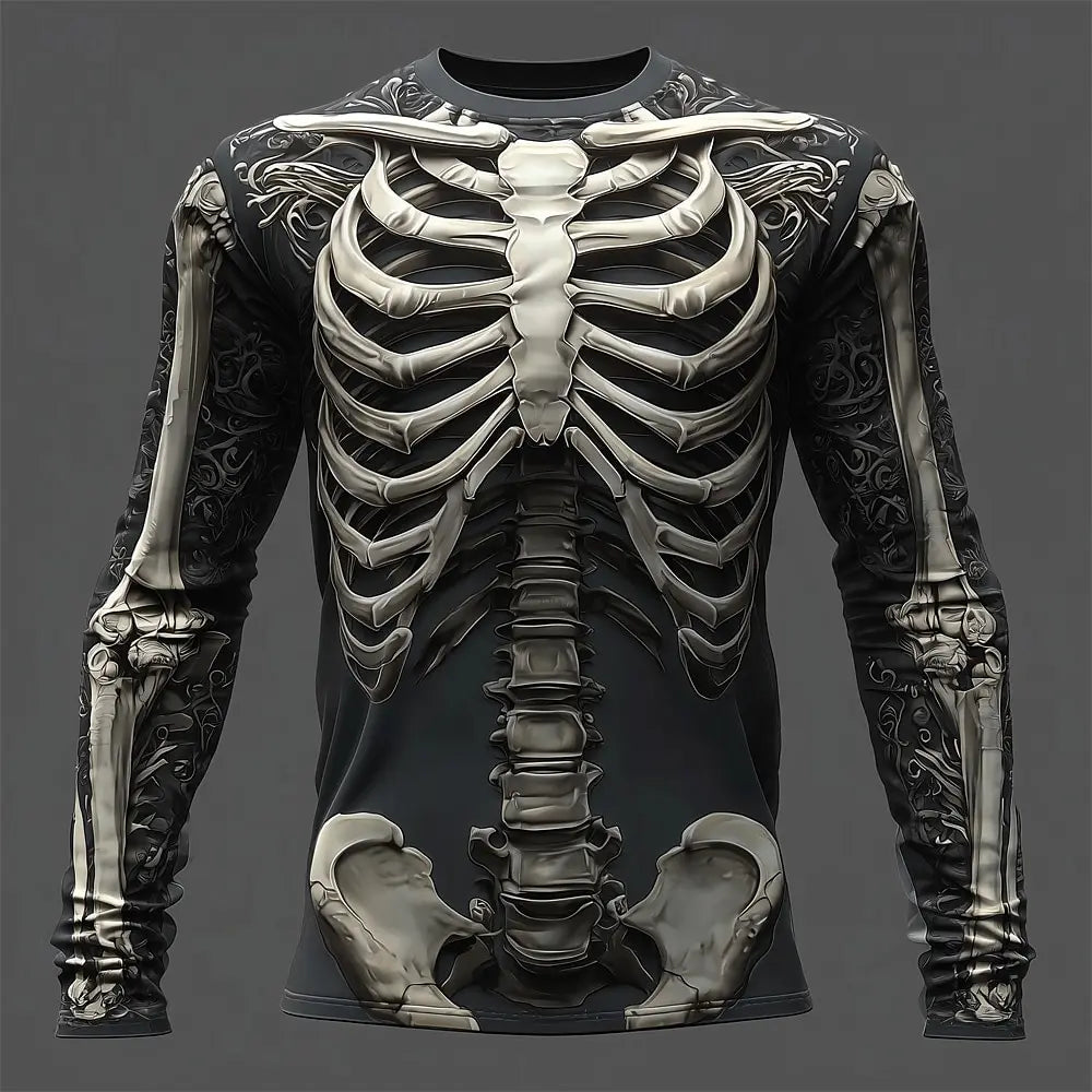 Men's Skeleton Print Long Sleeve T-Shirt - Gothic Halloween Streetwear Casual Top