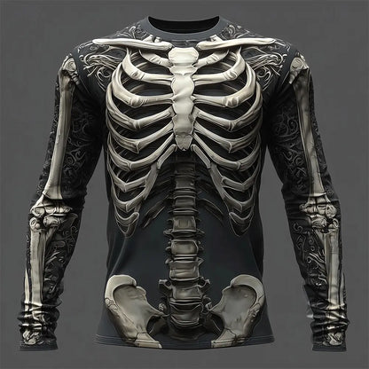 Men's Skeleton Print Long Sleeve T-Shirt - Gothic Halloween Streetwear Casual Top