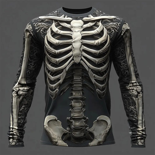 Men's Skeleton Print Long Sleeve T-Shirt - Gothic Halloween Streetwear Casual Top