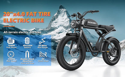 Kickwey K7 Adult Electric Bike — 1500W 48V 23Ah Mountain E-Bike, 20" Fat Tires, Off-Road Outdoor Adventure