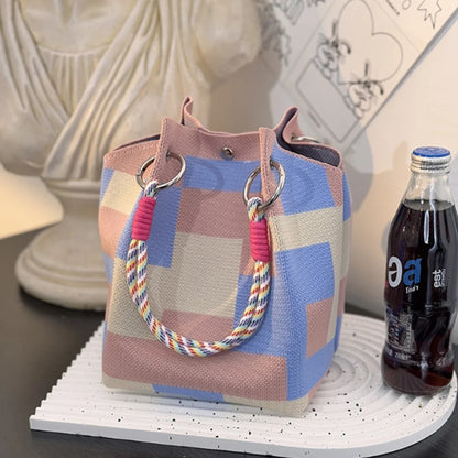 Multi-Color Knitted Retro Bucket Handbag – Color-Block, Versatile & Easy-to-Carry Purse