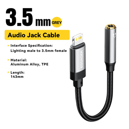 Essager 2-in-1 Audio Adapter – Lightning & USB-C to 3.5mm Jack for iPhone, Xiaomi, OnePlus, OTG Aux Cable