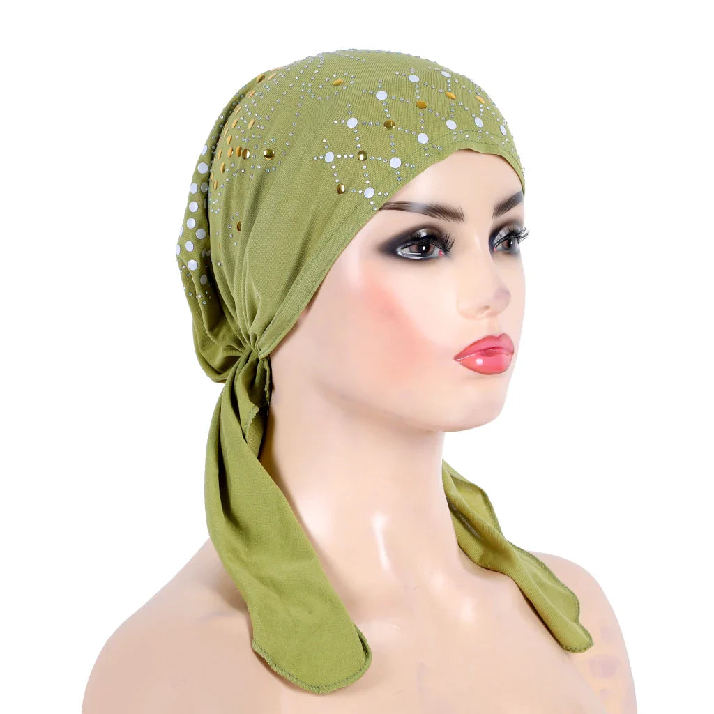 H089 Women’s Turban Hijab – Fashion Gold Sequin Islamic Headscarf, Pull-On Amira Headwrap