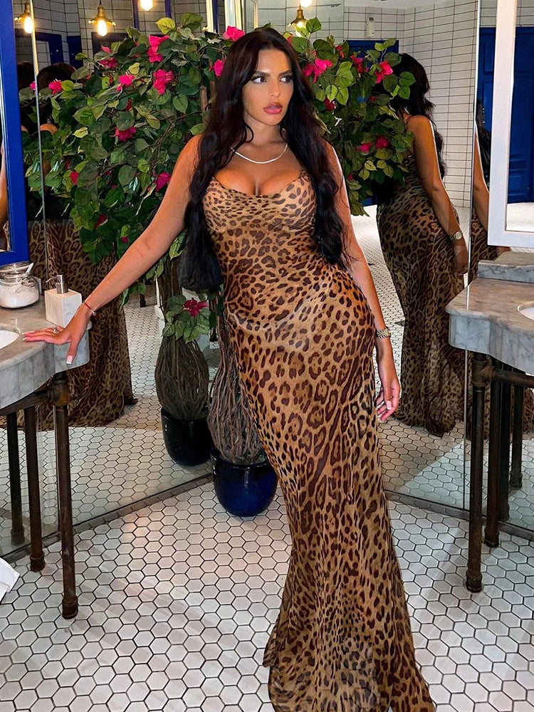 Julissa Mo Leopard Print V-Neck Bodycon Long Dress - Lace Up Backless Summer Dresses for Women, Straps Party Beach Vestidos
