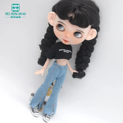 Blythe Doll Clothes – Fashion Tops, Black & White Shirts with Jeans & Plaid Pants for Azone OB22/OB24 Dolls