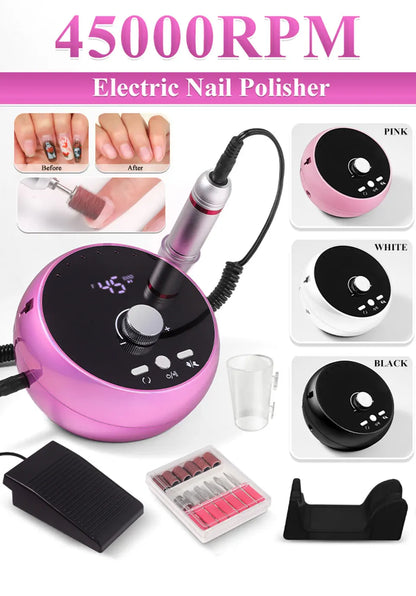 Professional 45000RPM Electric Nail Drill Machine – Manicure Sander for Gel & Cuticle Removal, White/Pink/Purple