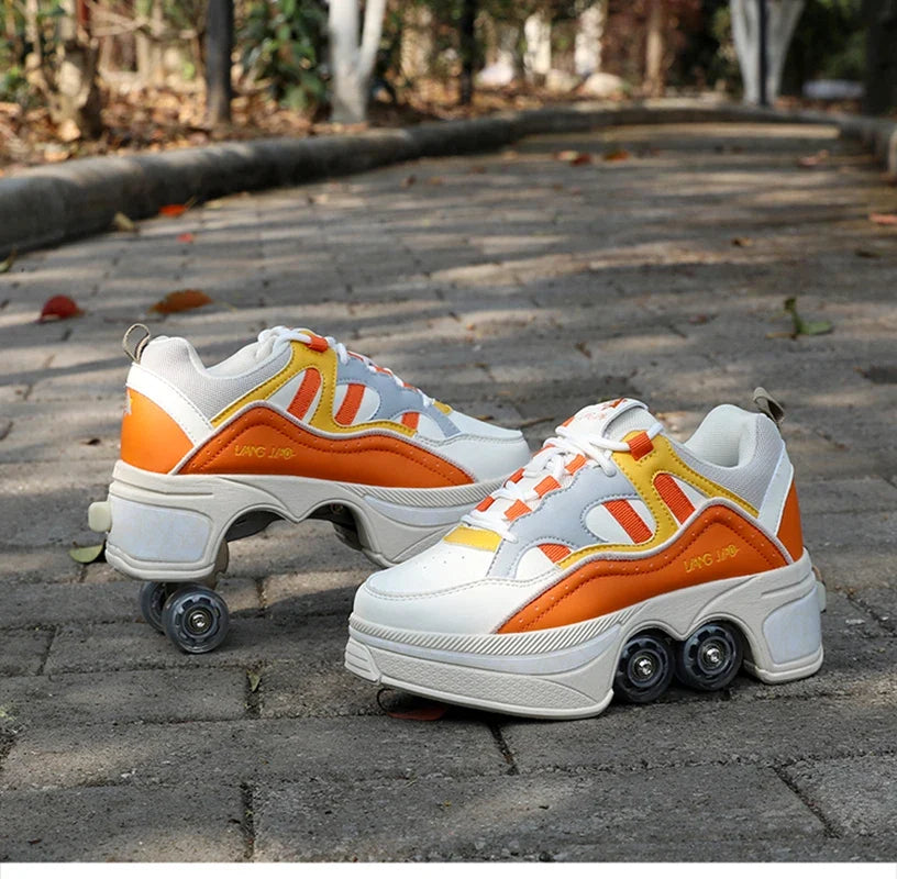 Dual Purpose Roller Skates Shoes - Adjustable Double Row 4-Wheel Deformation Roller Sneakers for Kids & Teens Size 33-44