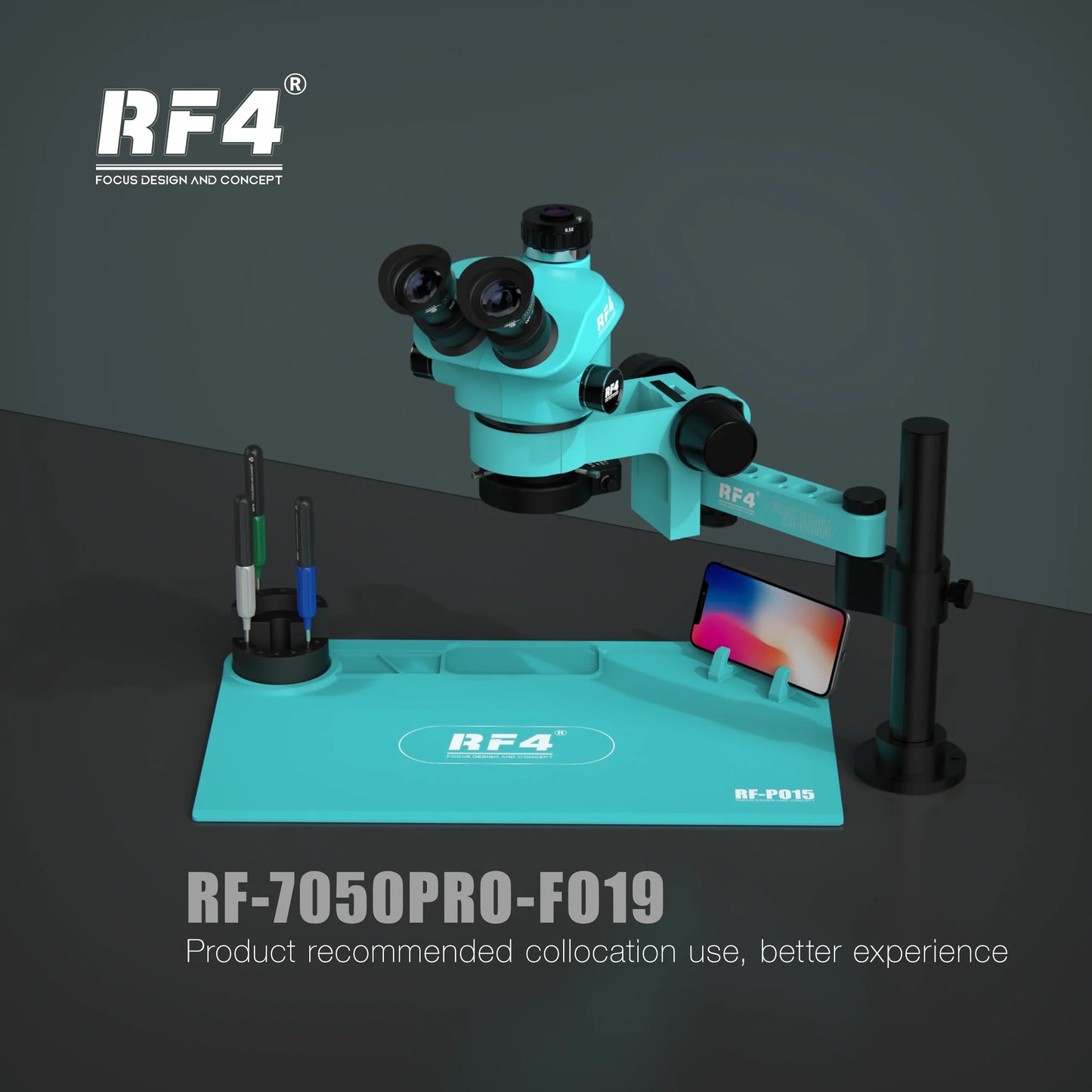 RF4 Trinocular Stereo Microscope Set – 360° Rotation Articulating Arm Stand, Phone Soldering & PCB Repair, Model RF7050TVPRO-F019