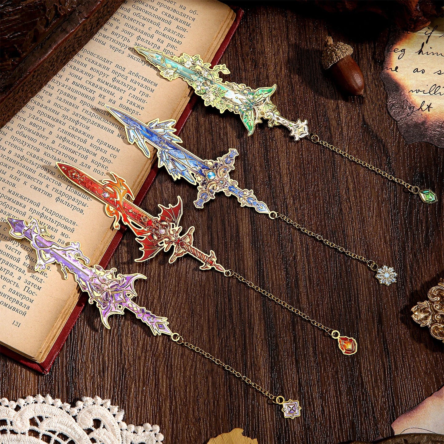 Fantasy Sword Bookmarks - 4-Piece Metal Book Markers for Books, Journals and Planners
