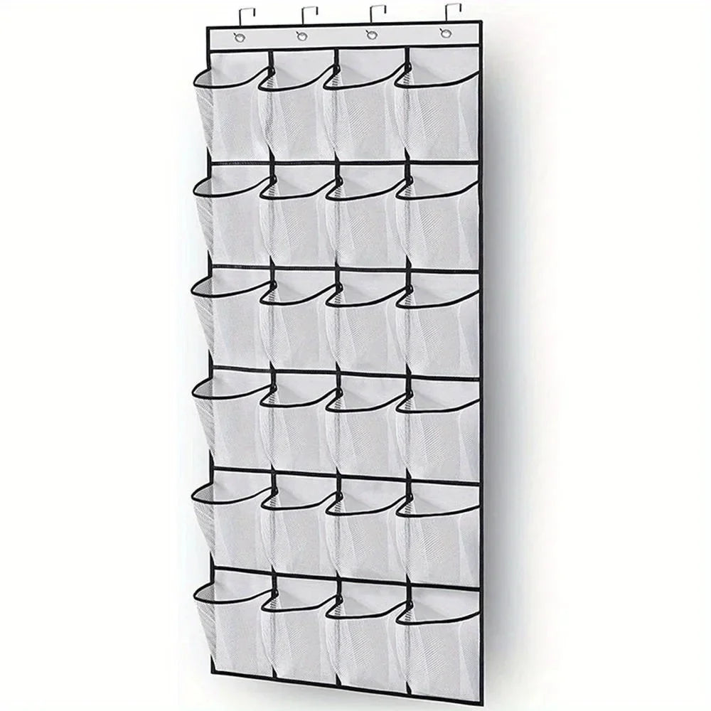 24-Grid Wall-Mounted Shoe Organizer – Fabric Closet Storage Rack with Mesh Pockets, Clear Hanging Over-the-Door Cloth Bag