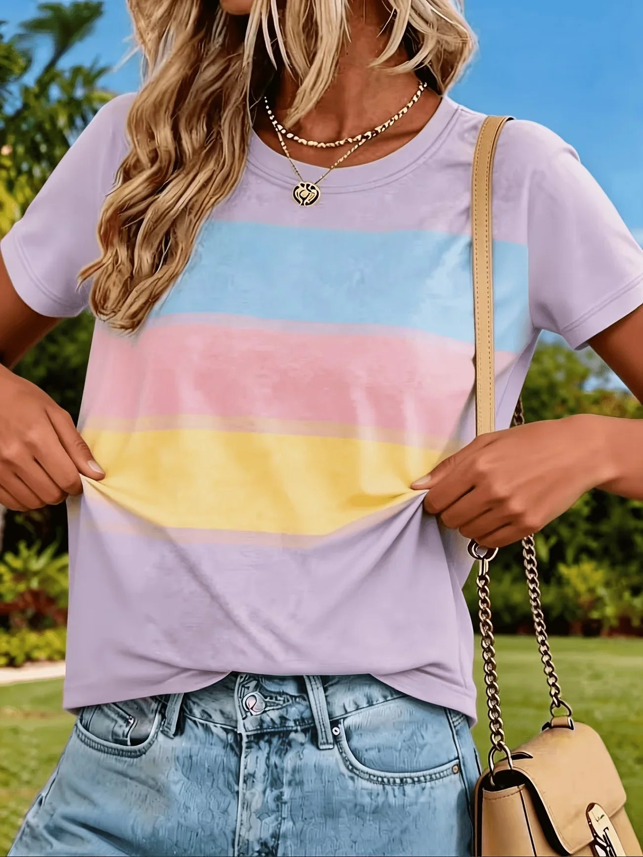 Women’s Rainbow Striped Oversized T-Shirt – Casual Crew Neck Short Sleeve Summer Soft Daily Wear Tee