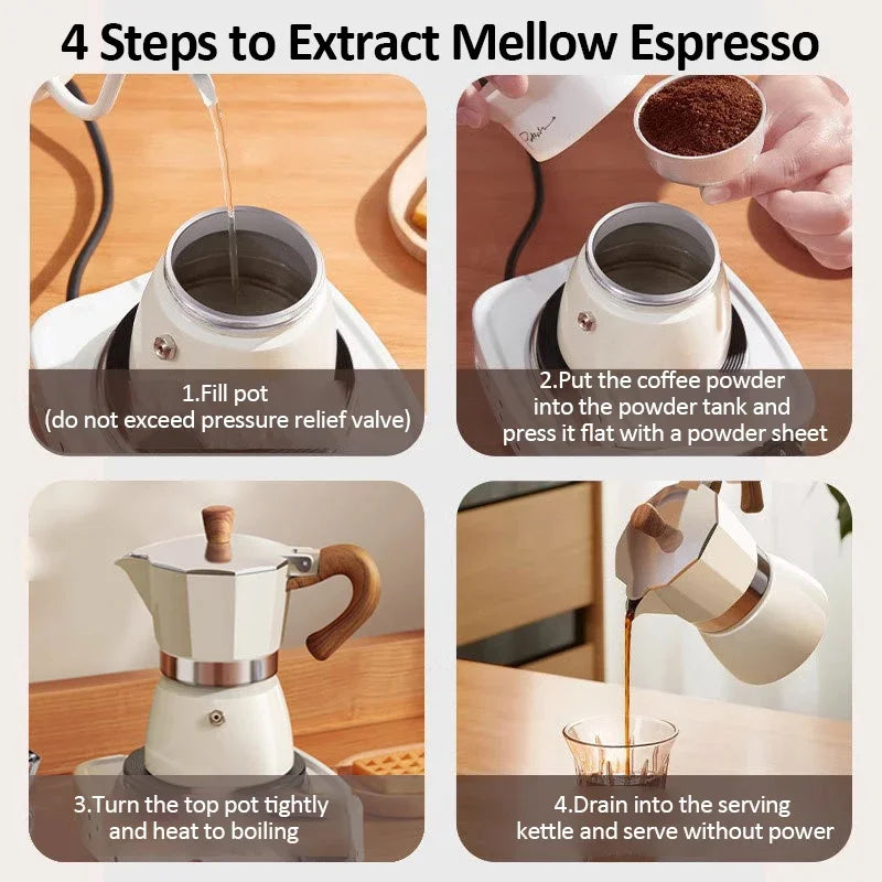 Vintage Wooden Handle Moka Pot – Classic Italian Espresso Maker 150ml/300ml for Home & Cafe Use