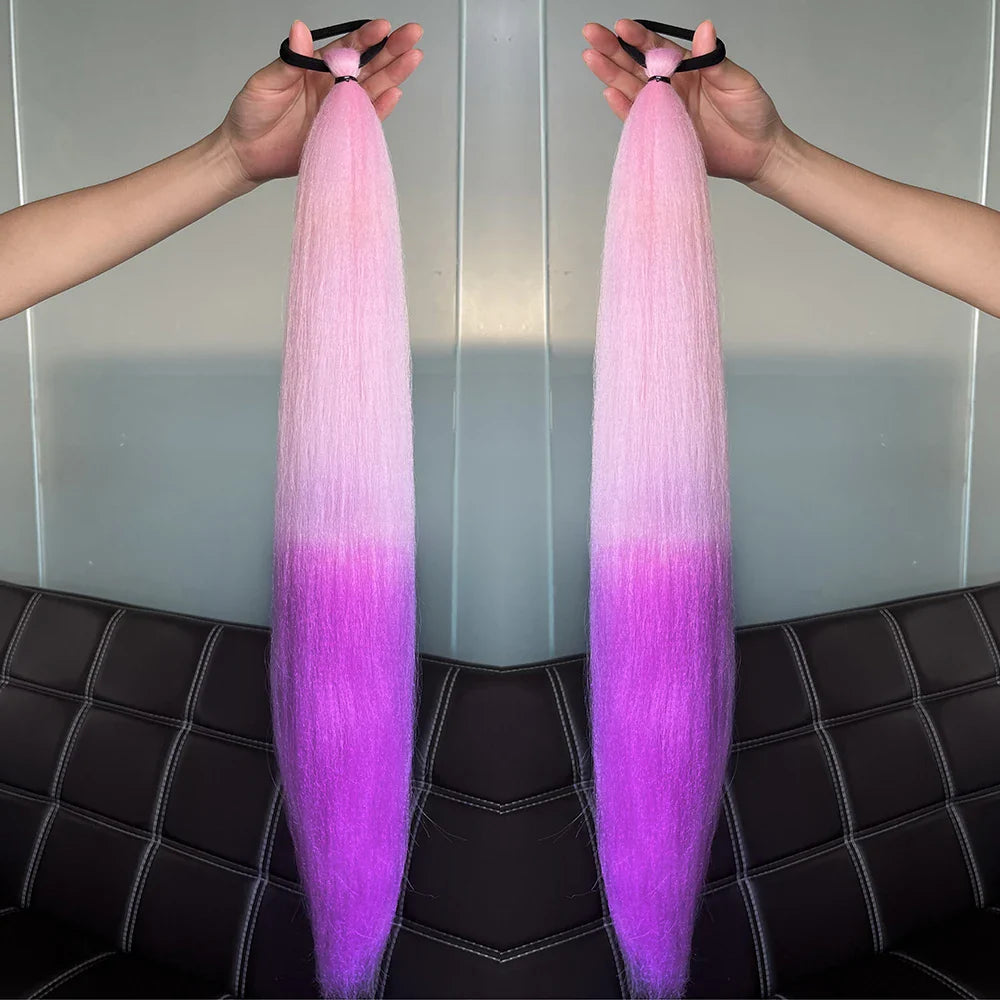 2PCS Synthetic Straight Ponytail Hair Extensions – Colorful Braiding with Elastic Hair Tie for Women