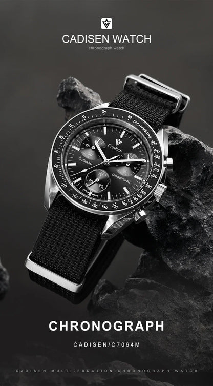CADISEN Men's Luxury Watch – Quartz VK68 Chronograph, Sapphire AR Crystal, Canvas Strap Speed Style Wristwatch