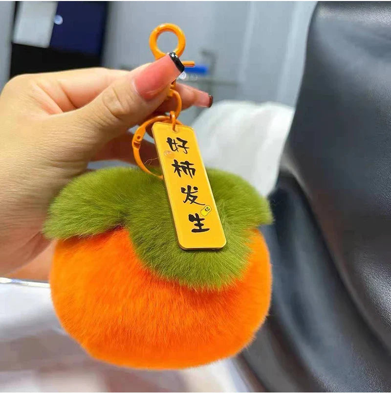 2024 Real Rabbit Fur Mini Persimmon Keychain – Cute Plush Rex Fur Pendant for Bags, Cars, and Gifts