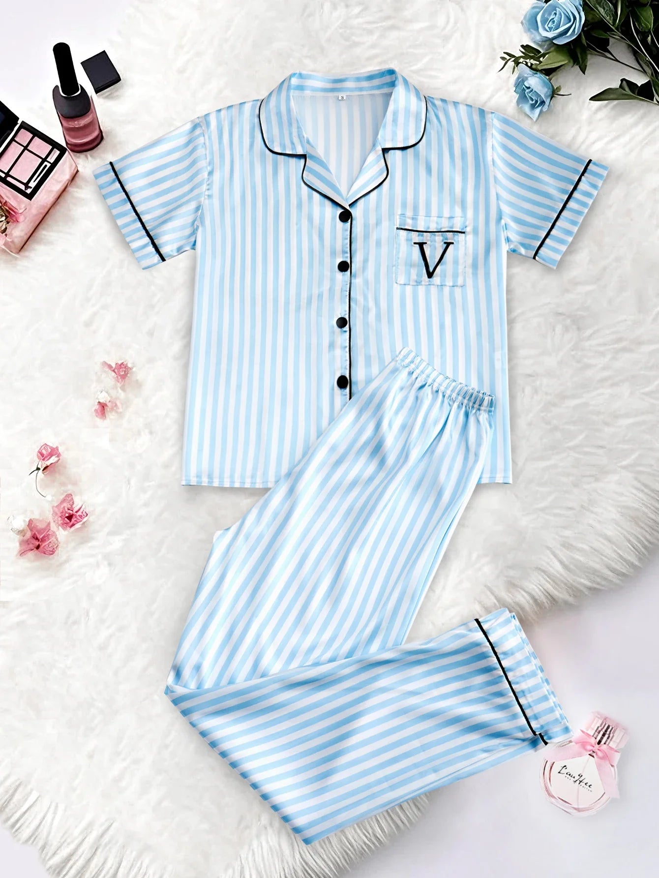 Classic Striped Satin Pajama Set – Short-Sleeve Top with Pocket & Long Pants Sleepwear with Lapel Collar