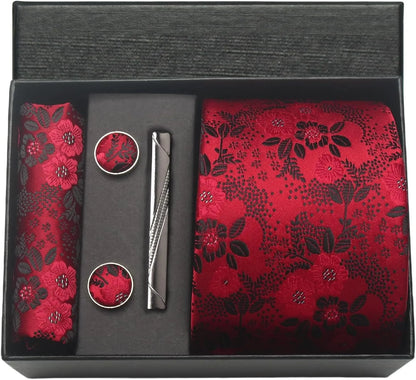 100% Silk Paisley Floral Necktie Set for Men - Premium Business Tie with Pocket Square Tie Clip Cufflinks Gift Box
