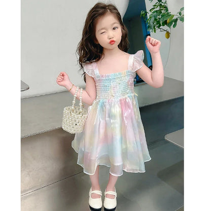 Girls Butterfly Princess Dress - Pearl Lace Mesh Gradient Rainbow Party Gown for Ages 1-8