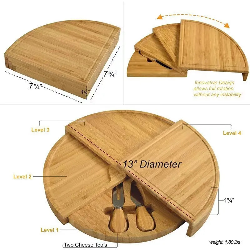 Cheese Board Cutlery Set with Slide-Out Drawer – Slicer, Fork, Scoops and Kitchen Storage Tools