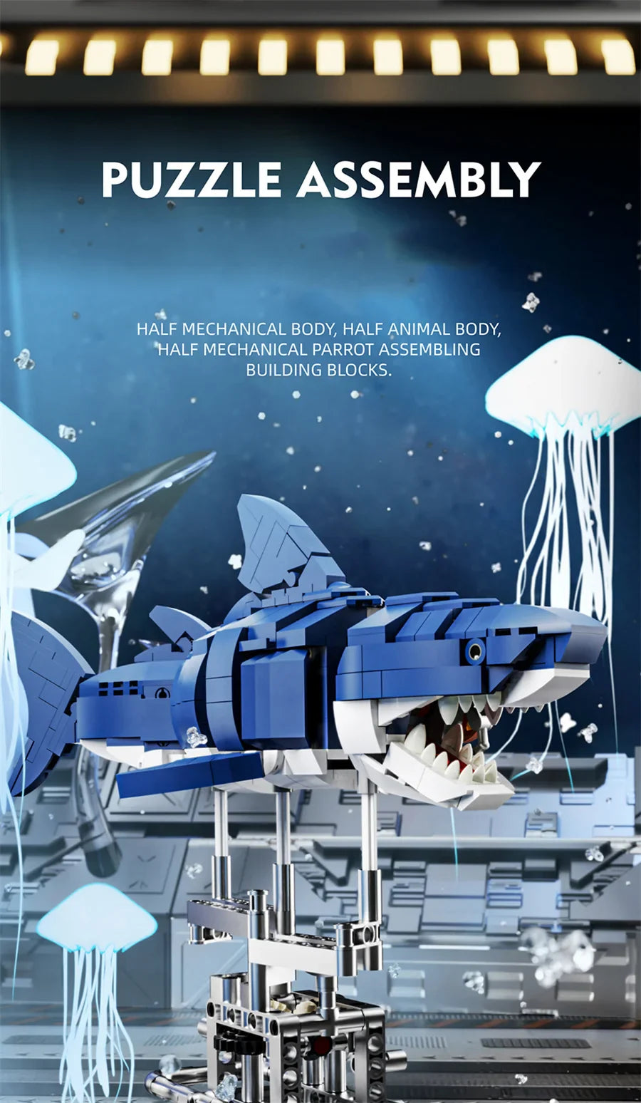 Mechanical Shark & Sea Life Building Blocks Set – Crocodile, Parrot, Mantis, Frog, Manta Ray Toy for Kids