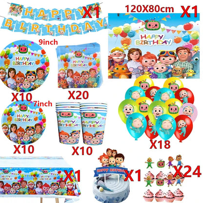 Cartoon JJ Melon Birthday Party Decorations Set – Disposable Tableware, Cups, Plates, Tablecloth, Balloons & Cake Topper for Kids & Baby Shower