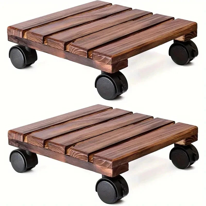 Solid Wood Movable Flower Stand – Thickened Bonsai Pot Tray with Universal Wheels for Easy Rolling