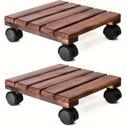 Solid Wood Movable Flower Stand – Thickened Bonsai Pot Tray with Universal Wheels for Easy Rolling
