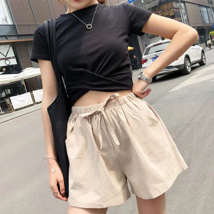 Women’s Cotton Linen High Waist Shorts — Black Casual Fashion Workout Sport Shorts